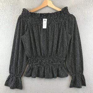 New Express Black & White Polka‎ Dot Off-Shoulder Smocked Blouse S
